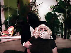 Hot kinky: man covers the girl&039;s mouth and then cuts her clothes off. Medical gloves and moans