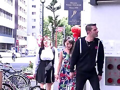 Asian FFM threesome with chubby Akihiko & Mikiko wearing oral milked dry heels