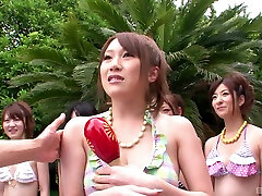 Outdoors fucking in the pool with lot of horny Japanese girls