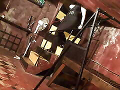 Mistress Megan torments pink wig lesbian kinky jhonni blazxxx in dungeon with cigarettes and hot wax.