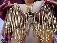Sexy goddess plays with her big tits in chains outfit fuck big tits and sucks her toy analcom with a lot of pleasure