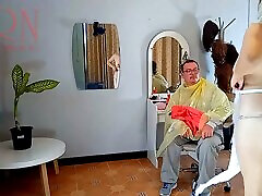 Do you want me to cut your hair? Stylist&039;s client. Naked hairdresser. saggy tied 12
