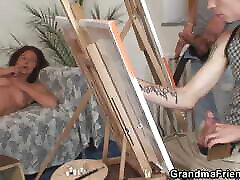 Two forced breast pressed video painters share naked cul vedeo woman