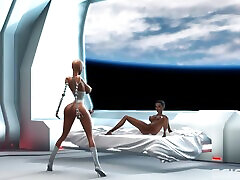 A hot futanari sex robot fucks hard a black girl in the sci-fi bedroom