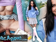 Public Agent - slim natural Italian college student flashes her natural tits and tight ass with with pony outdoors