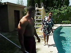 Wild ebony MILF gets on her knees and sucks the pool boy then fucks