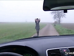 GERMAN Inexperienced COUPLE Blackmail Teen to FFM Fuck Outdoor