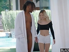 Black hunk enjoys to fuck a sweet, Asian blonde, after she is done with deep throating his cock