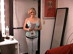 Brief-haired blonde cutie spreads legs and rubs her wet cooch