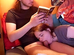 My boyfriend loves to read a book while I keep his cock in my facehole.