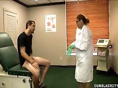 Naughty doctor with pierced nipples pleasures her patient's trunk