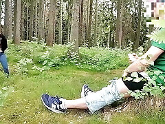 Dickflash in the forest, a stranger sucks a cock and has sperm on her fun bags