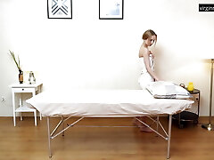 Petite blonde virgin orgasms from massage toys