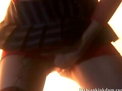 Stockinged lesbian hottie vibing wet pussy