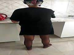 Sexy legs in nylons while my step-mom makes stuffed in the kitchen
