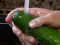 A Desperate Housewife Uses Cucumber and Carrot as a Replace for a Big Hard Cock
