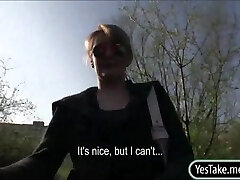 Eurobabe Meggie pussy stuffed in public and jizz facialed