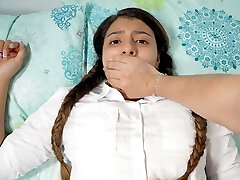 Shh shh don't go screaming! - Stepbrother drills his sis when they are alone at home.