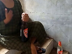 Desi local rendi outdoor swallowing beer pissing beer bottle