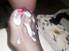 Big semen load on wife&039;s nylon feet with red polish long toenails