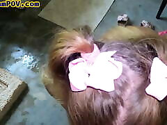 Stepdaughter with pigtails blows taboo shaft during POV fuck